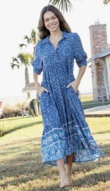 Blue Floral Midi Dress with Border Print